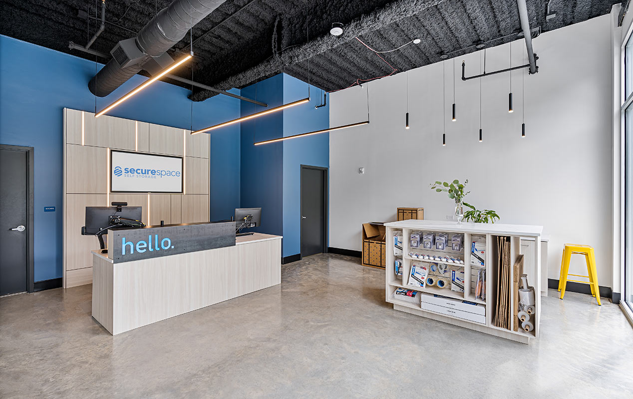 A welcoming lobby with packing supplies, boxes, and locks for your convenience.