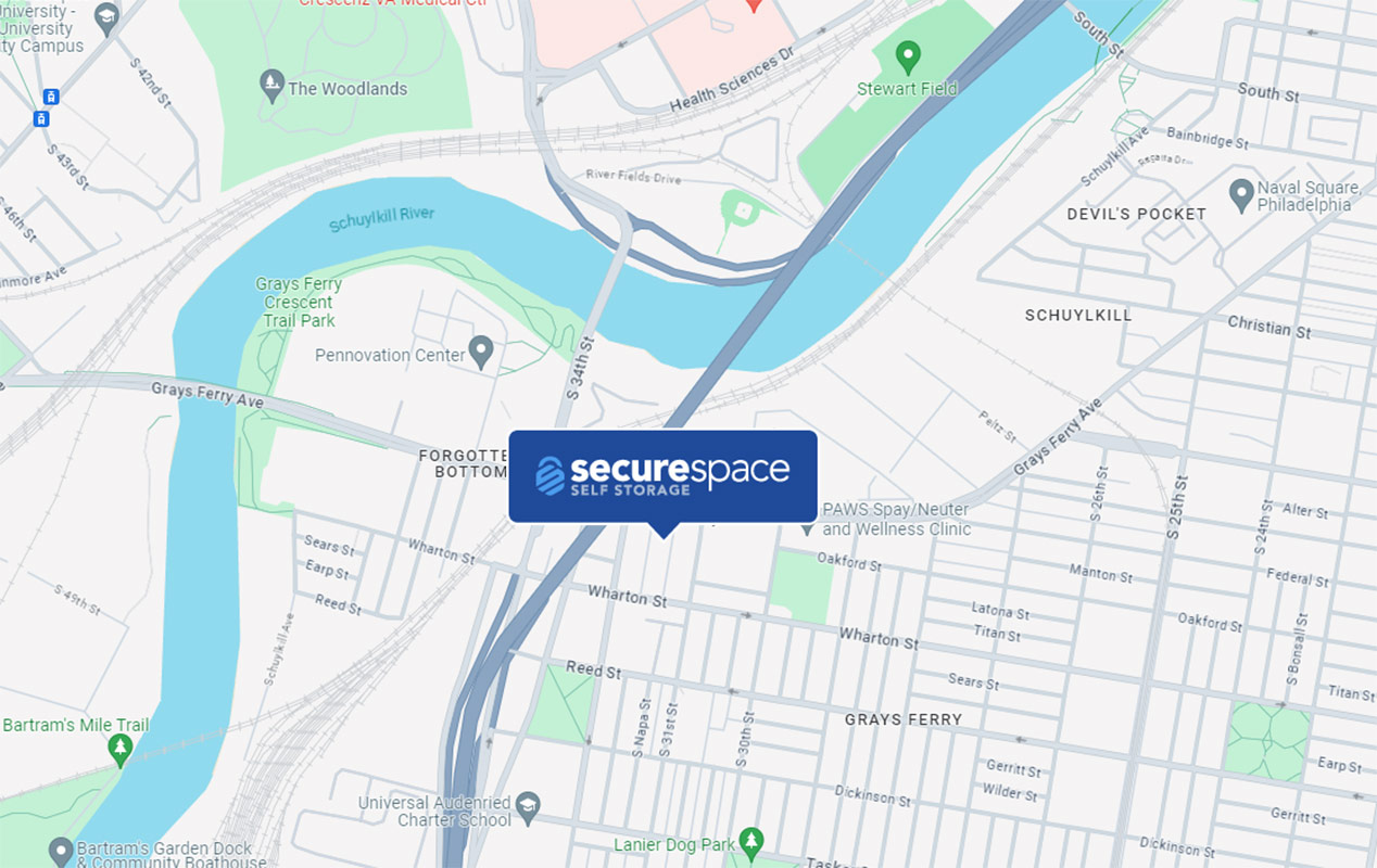 Map to SecureSpace Self Storage Grays Ferry from North Philadelphia